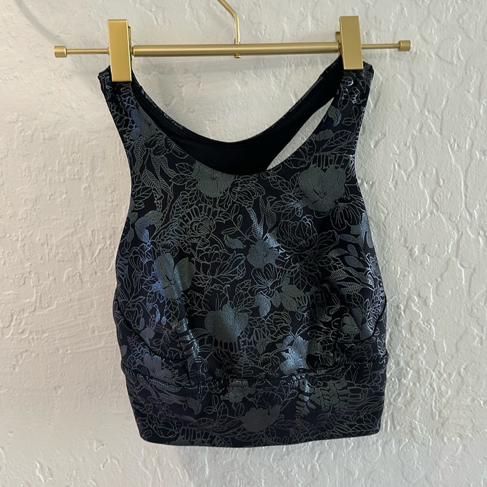 Metallic floral sports bra from Lululemon, size 4.